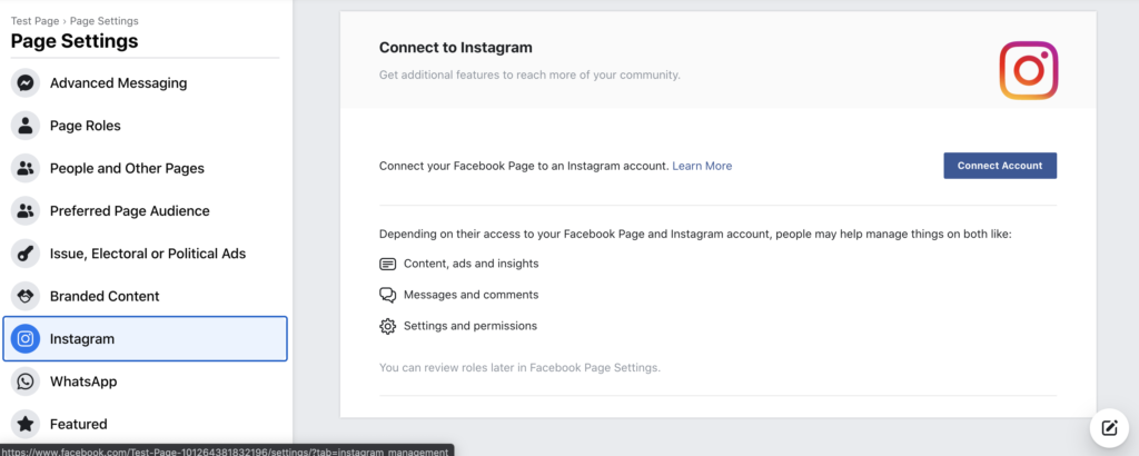 Instagram настройките на Facebook, свързват Instagram страницата с Вашата Facebook страница