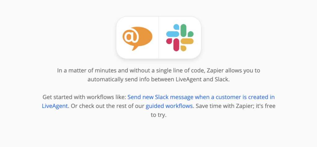 Страница в Zapier за интеграцията на LiveAgent и Slack