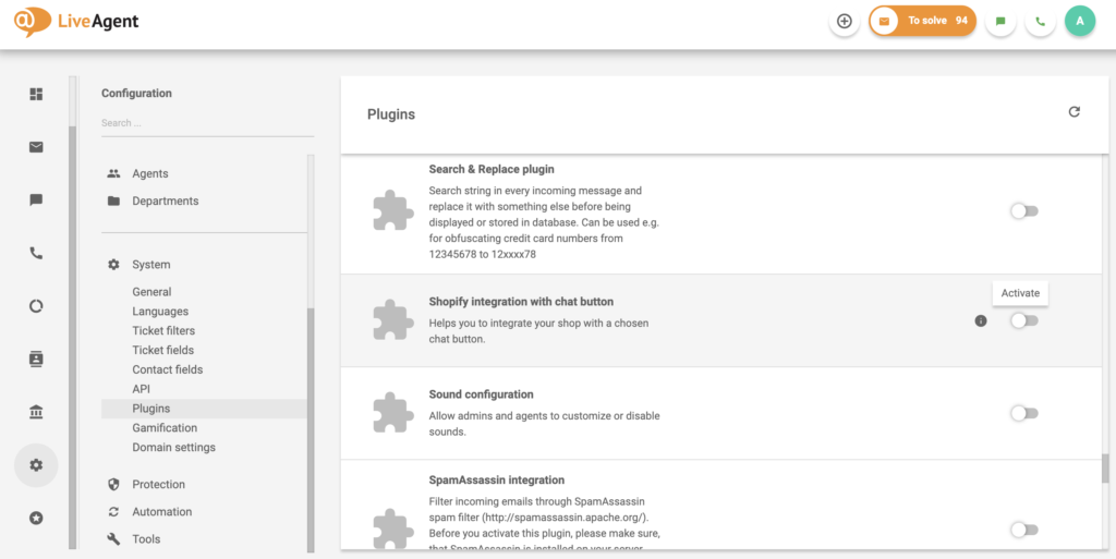 Интеграция с Shopify с бутон за чат в списъка с плъгини на LiveAgent