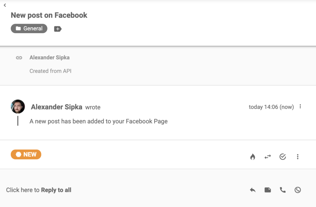 Известие във Facebook, пристигнало в LiveAgent