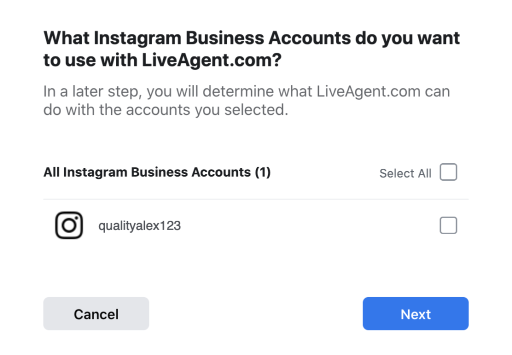 Изберете Instagram акаунтите, които искате за да включите интеграцията