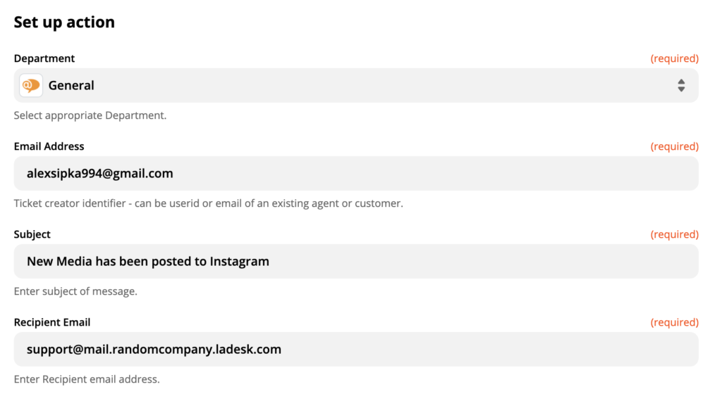 Настройка на действие на LiveAgent в Instagram интеграция на Zapier
