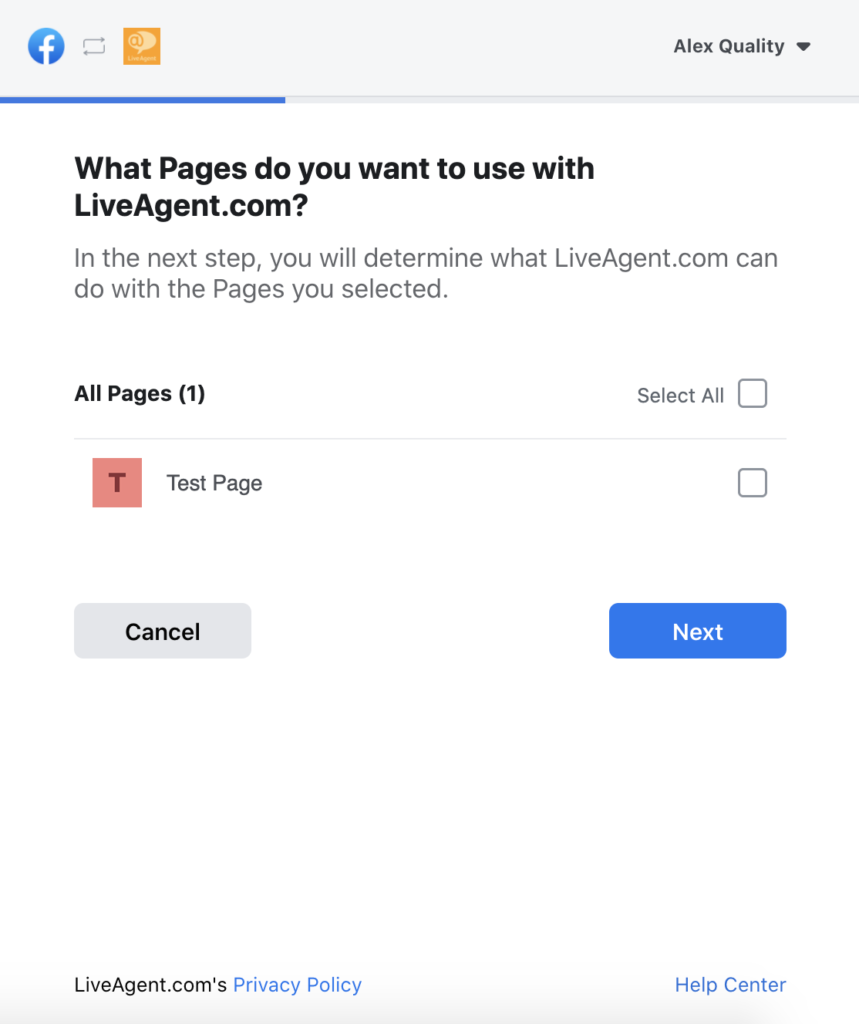 Избор на Facebook страници в конфигурацията на LiveAgent