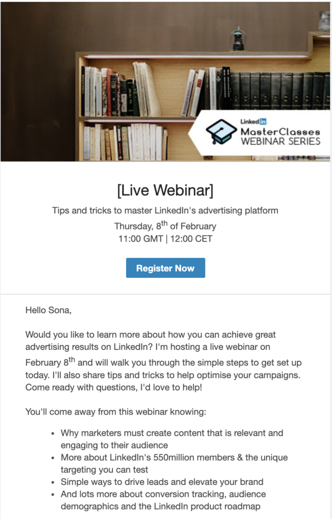 Имейл с информация за уебинар от LinkedIn
