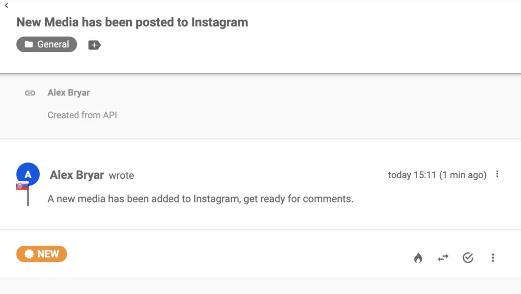 Instagram съобщение за нова публикация на LiveAgent тикетинг системата